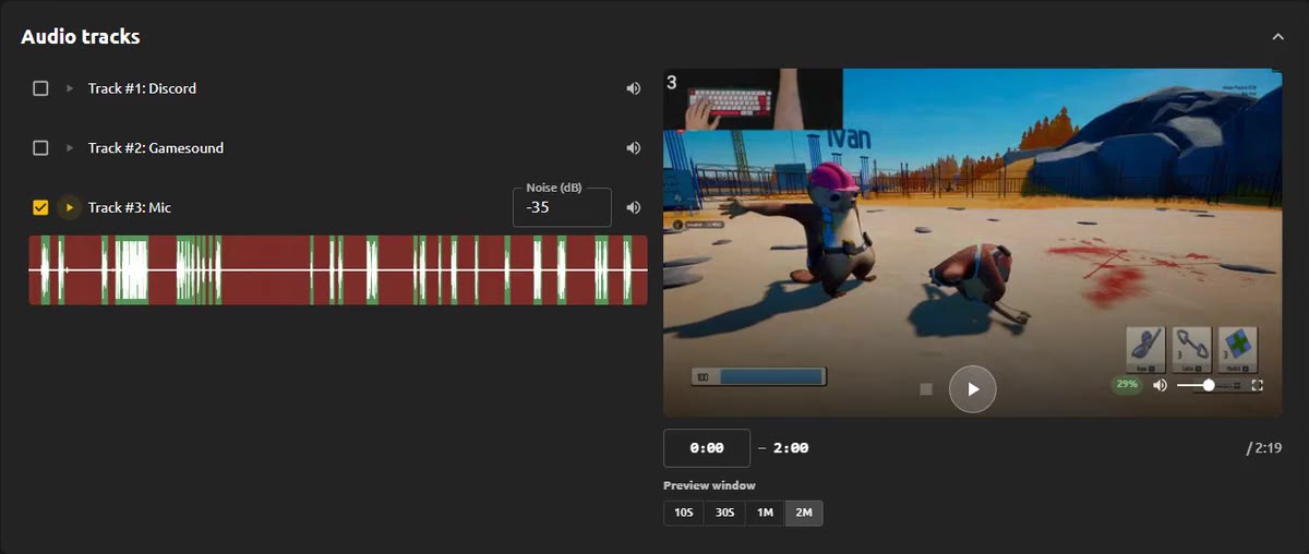 QuietCut audio tracks: Discord, game sound and mic read separately, the waveform shows in red what gets cut